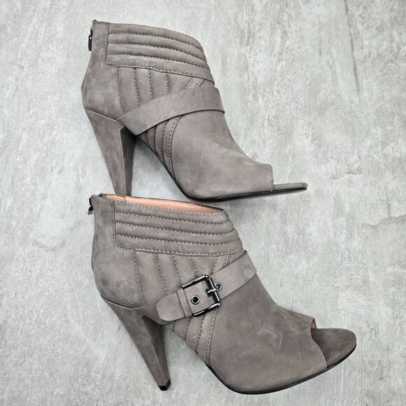 Peep Toe High Heel Boots Suede Gray Quilted Buckle Moto Dress Ankle Booties Sz 7 - Picture 5 of 12